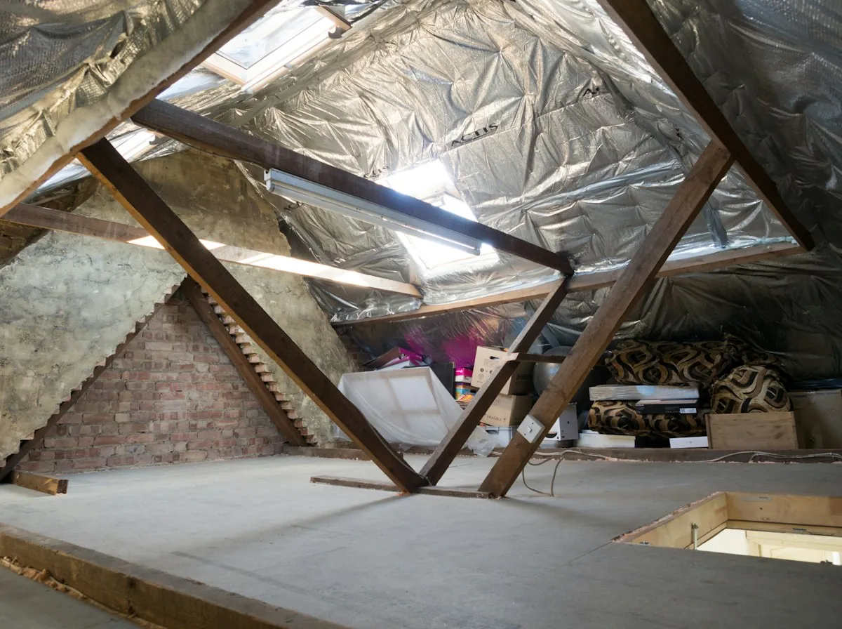 Roof Replacement in Elizabeth — foil-faced insulation under the rafters of an attic